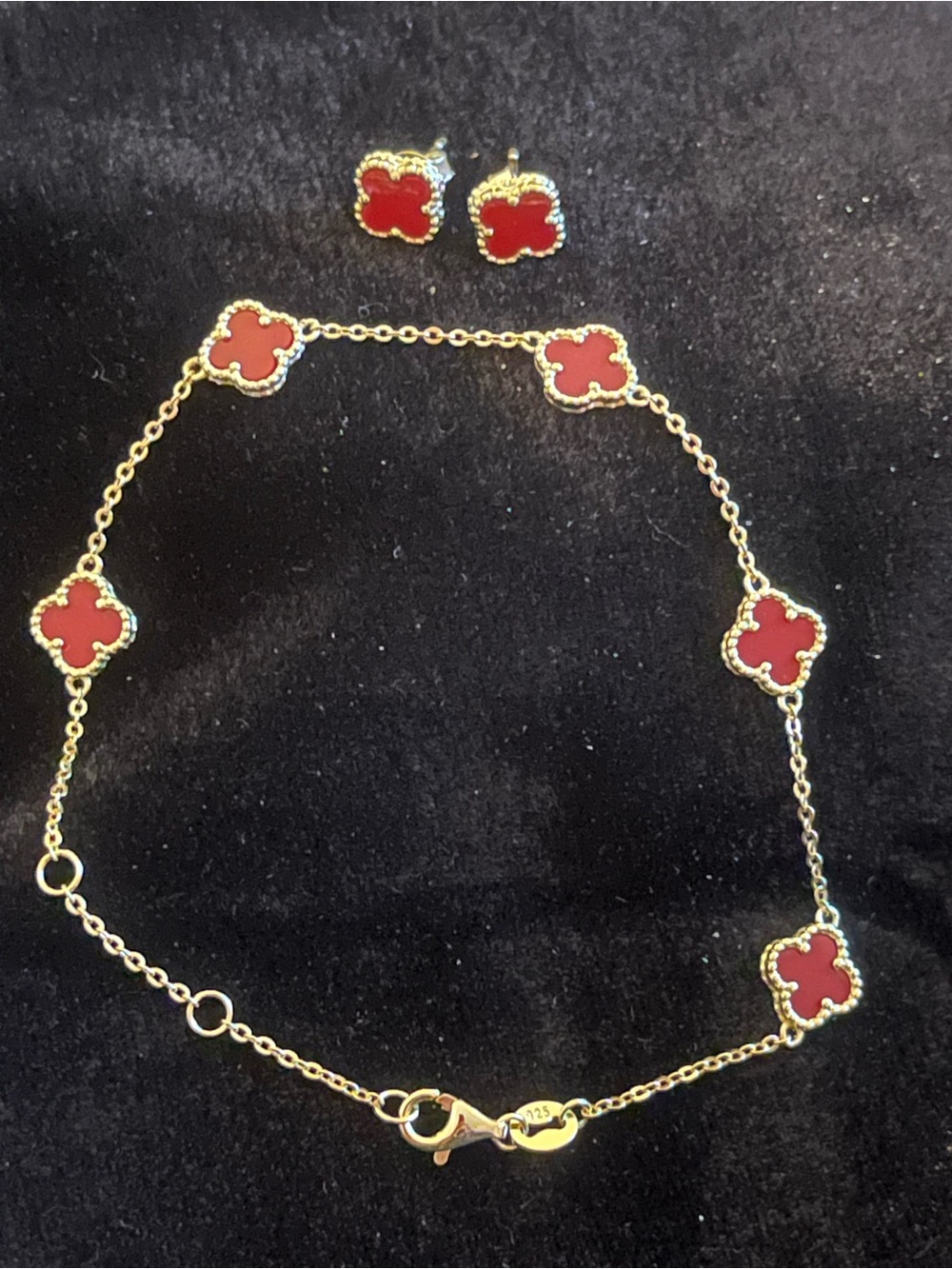 925 Sterling Silver Gold Red Clover Bracelet & Stud Earrings Set